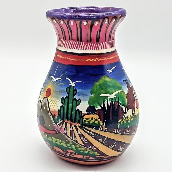 Multicolor Hand-Painted Mexican Red Clay Vase - Picture 1 of 6